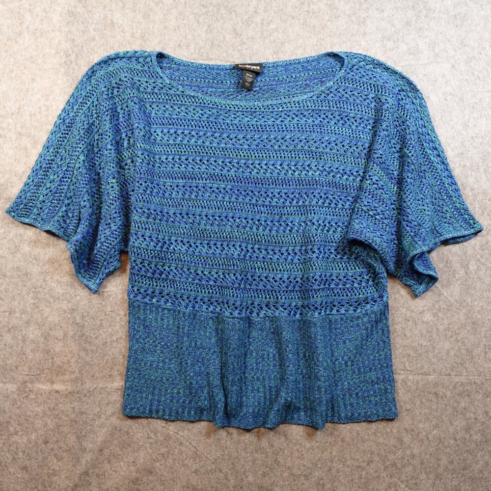 Lane Bryant Sweater Womens 22/24 Blue Open Knit Crochet Crew Flared Short Sleeve
